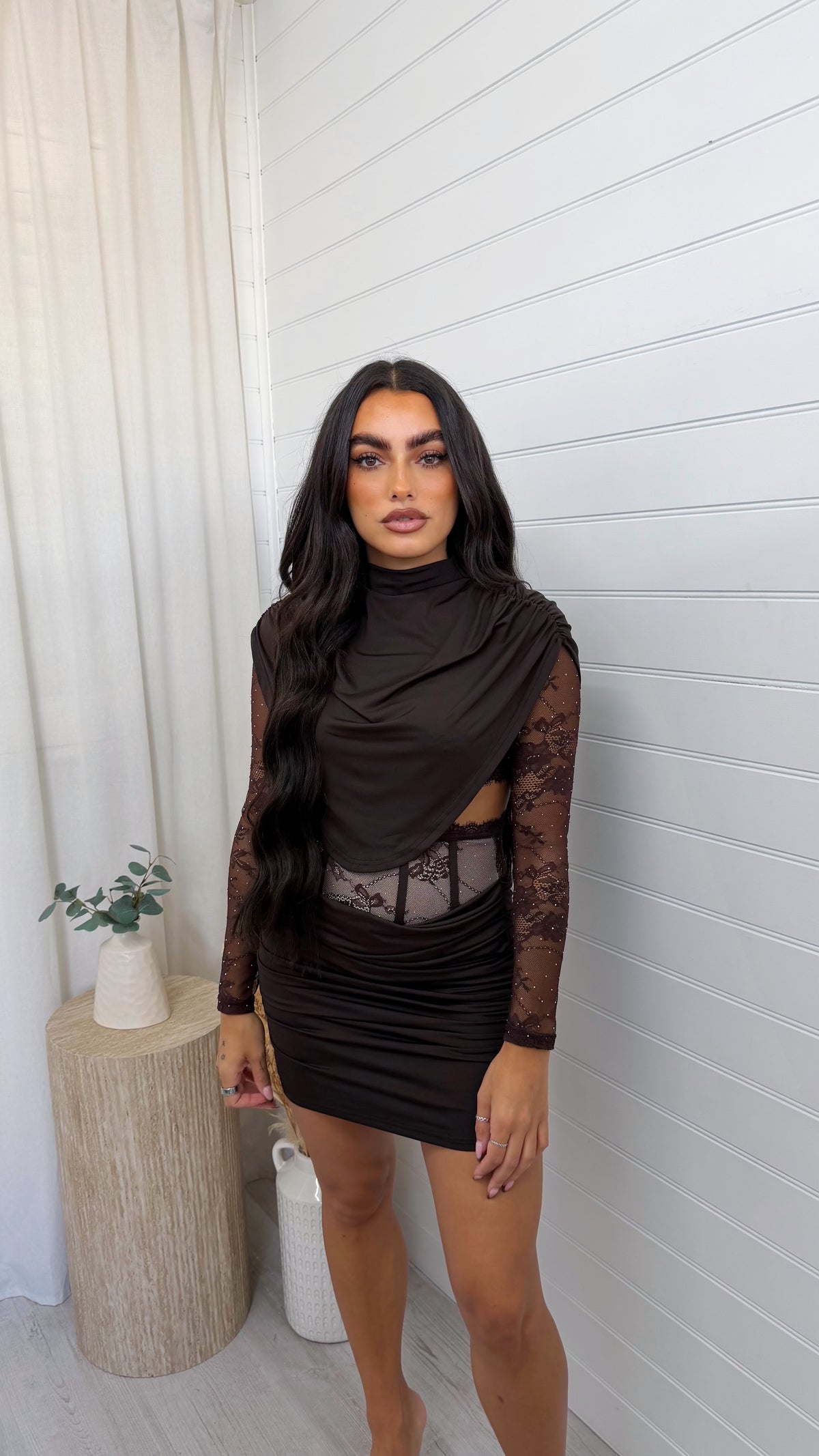 Lace Insert Top and Corset Ruched Skirt Co-Ord - BROWN