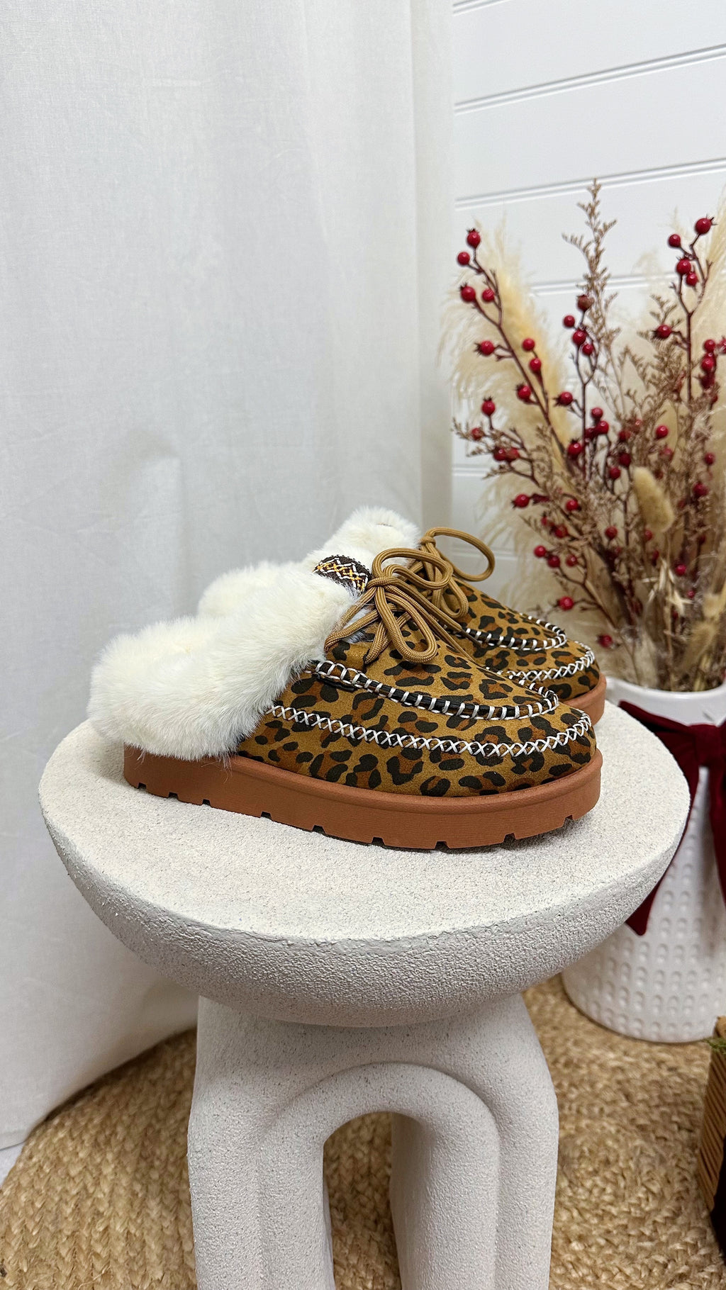 Fur Lined Embroidered Mules - LEOPARD PRINT