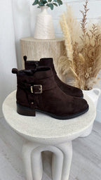 Suede Buckle Ankle Boots - DARK BROWN