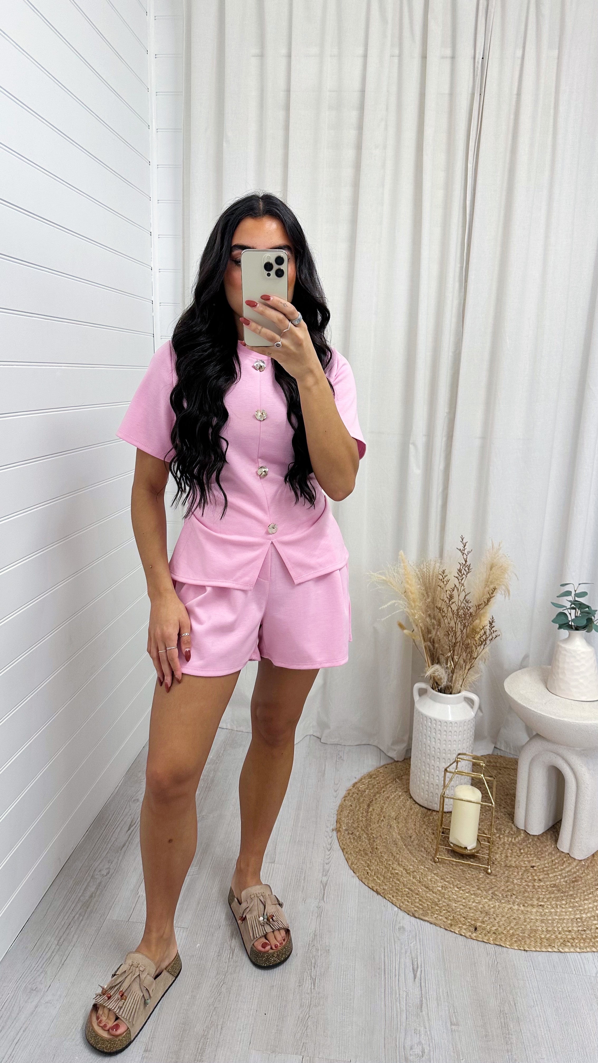 Cinched Gold Button Top and Shorts Co-Ord - PINK