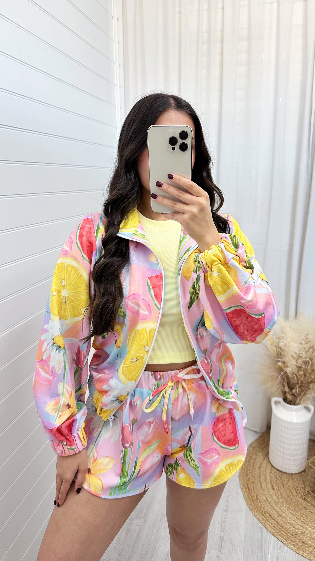 Fruit Print Bomber Jacket and Runner Shorts Co-Ord - PINK