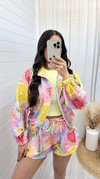 Fruit Print Bomber Jacket and Runner Shorts Co-Ord - PINK