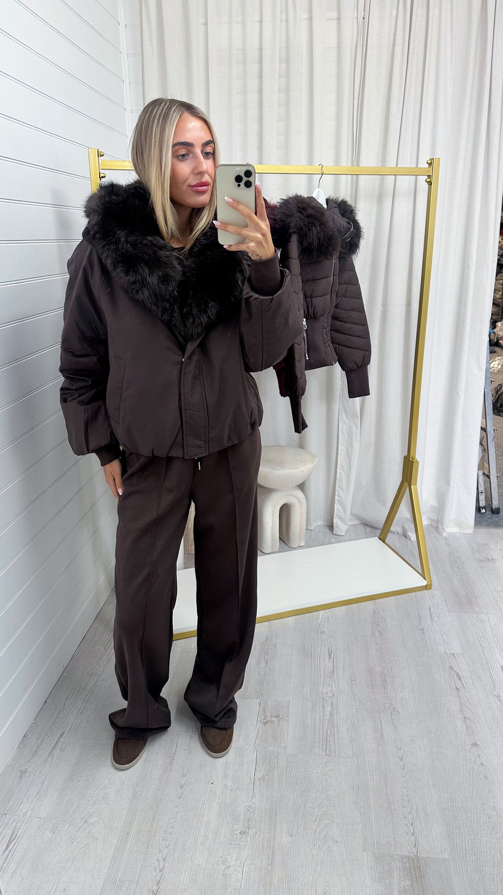 Faux Fur Trim Puffer Coat - BROWN