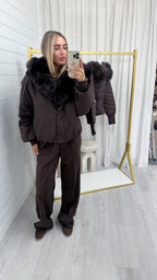 Faux Fur Trim Puffer Coat - BROWN