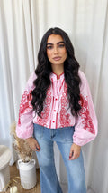 Paisley Embroidered Balloon Sleeve Shirt - PINK/RED