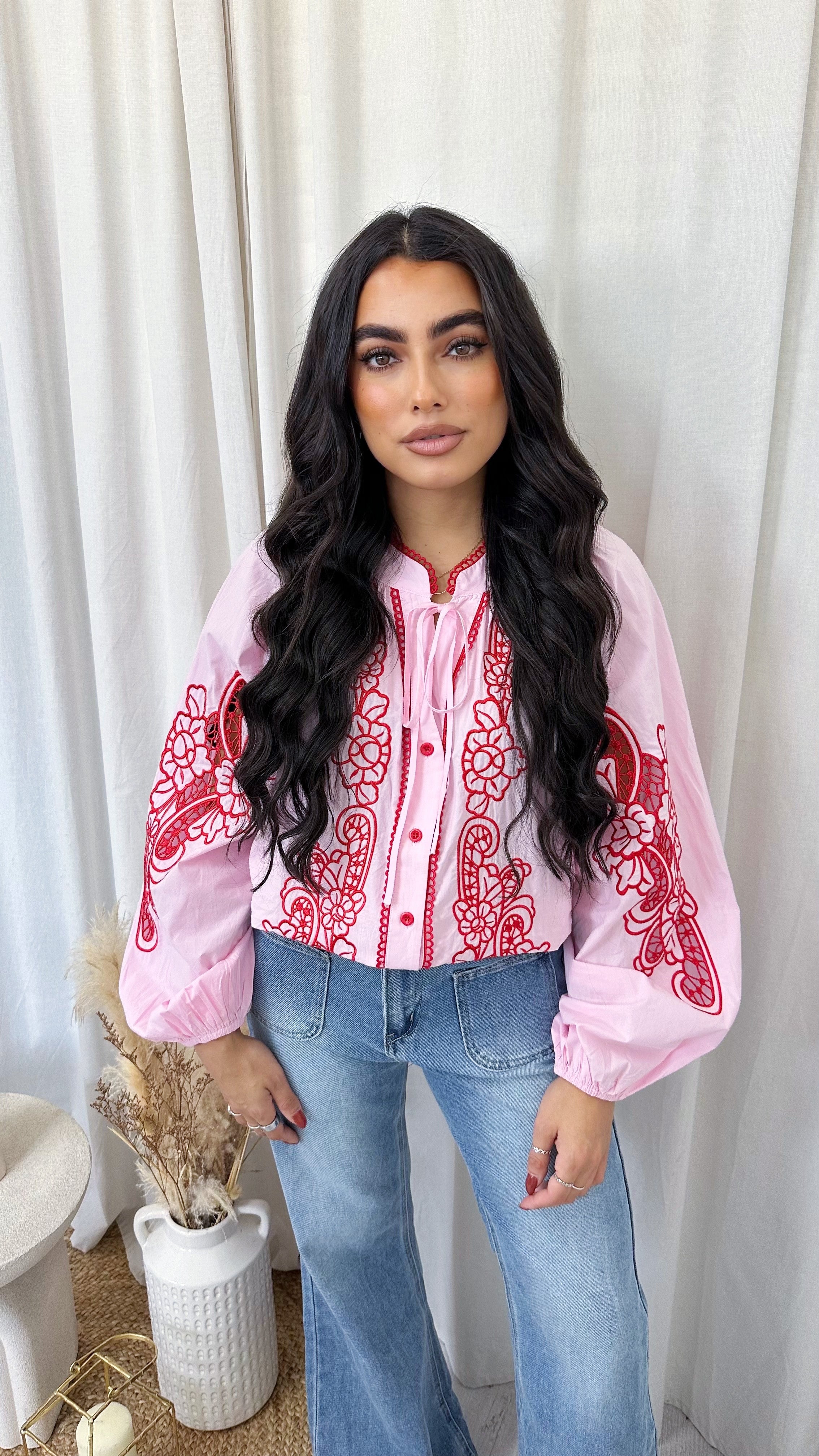 Paisley Embroidered Balloon Sleeve Shirt - PINK/RED