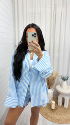 Pinstripe Oversized Cotton Shirt - BLUE