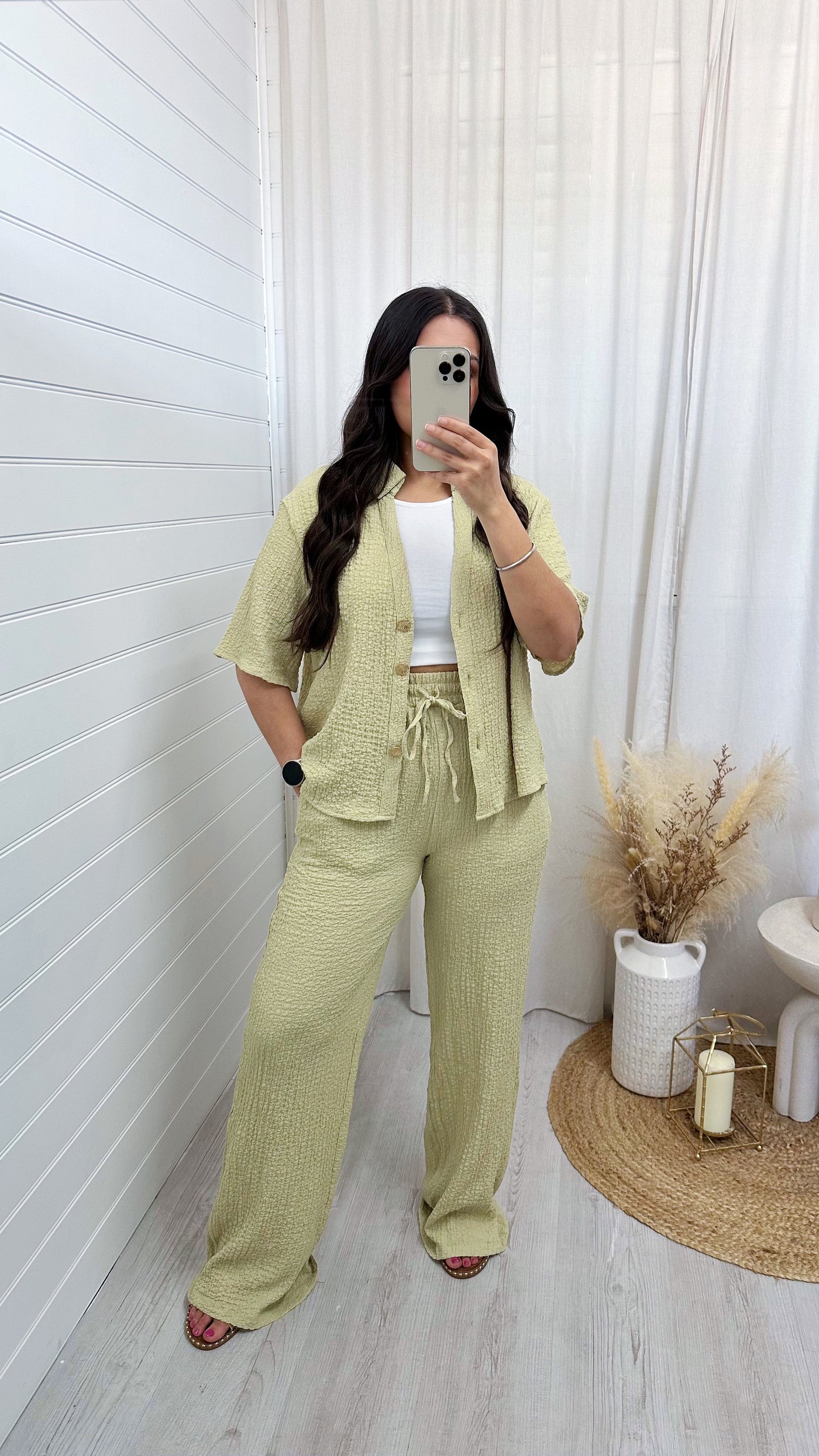 Cheesecloth Gold Button Shirt and Trousers Co-Ord - SAGE