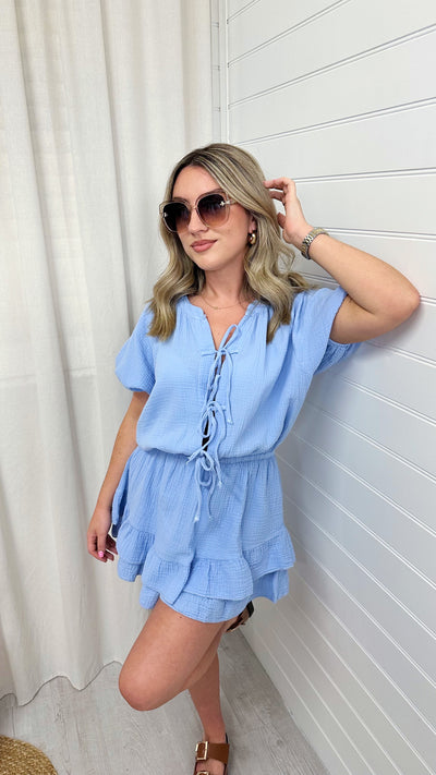 Cheesecloth Bow Tie Frill Hem Playsuit - POWDER BLUE