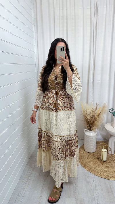 Lace Panel Damask Print Maxi Dress - TAN