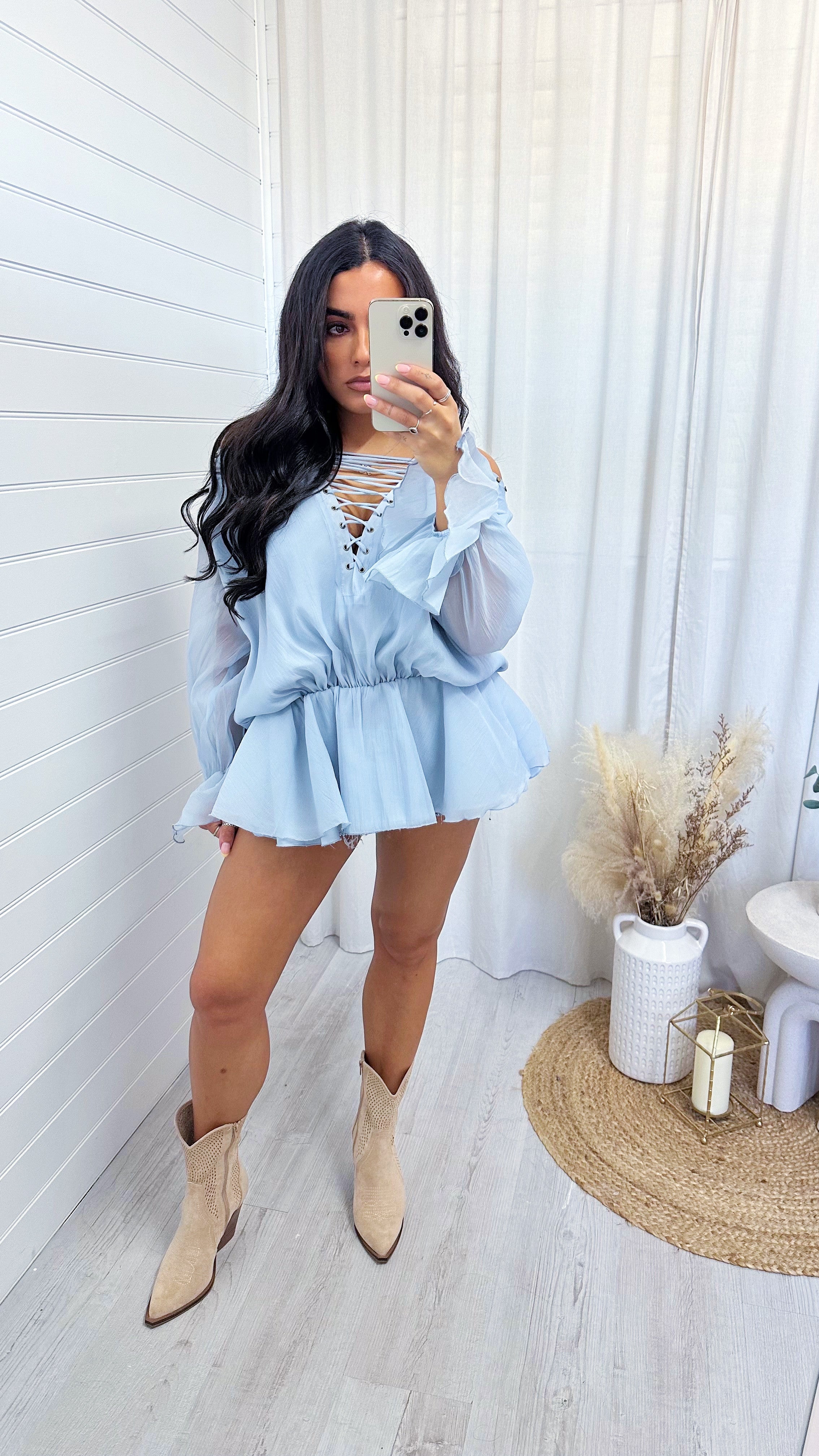 Chiffon Lace Up Peplum Top - POWDER BLUE