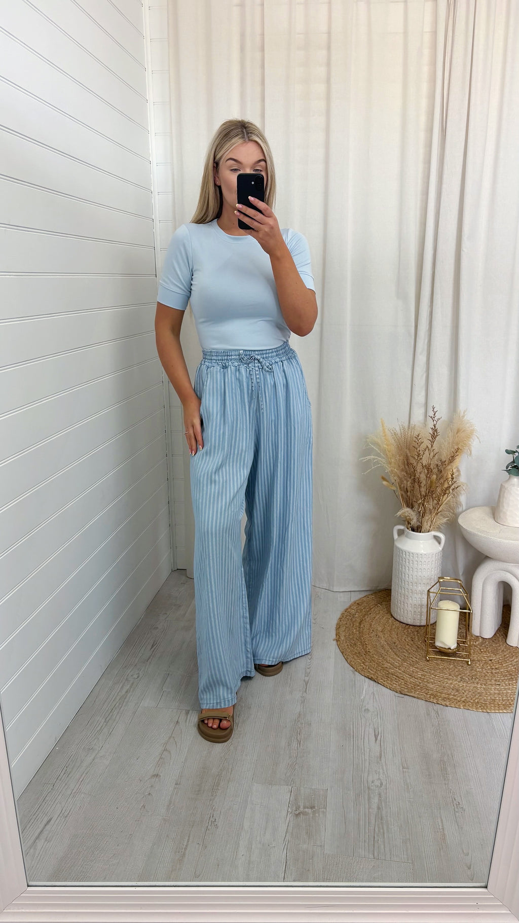 Pinstripe Wide Leg Trousers - LIGHT DENIM