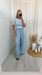 Pinstripe Wide Leg Trousers - LIGHT DENIM
