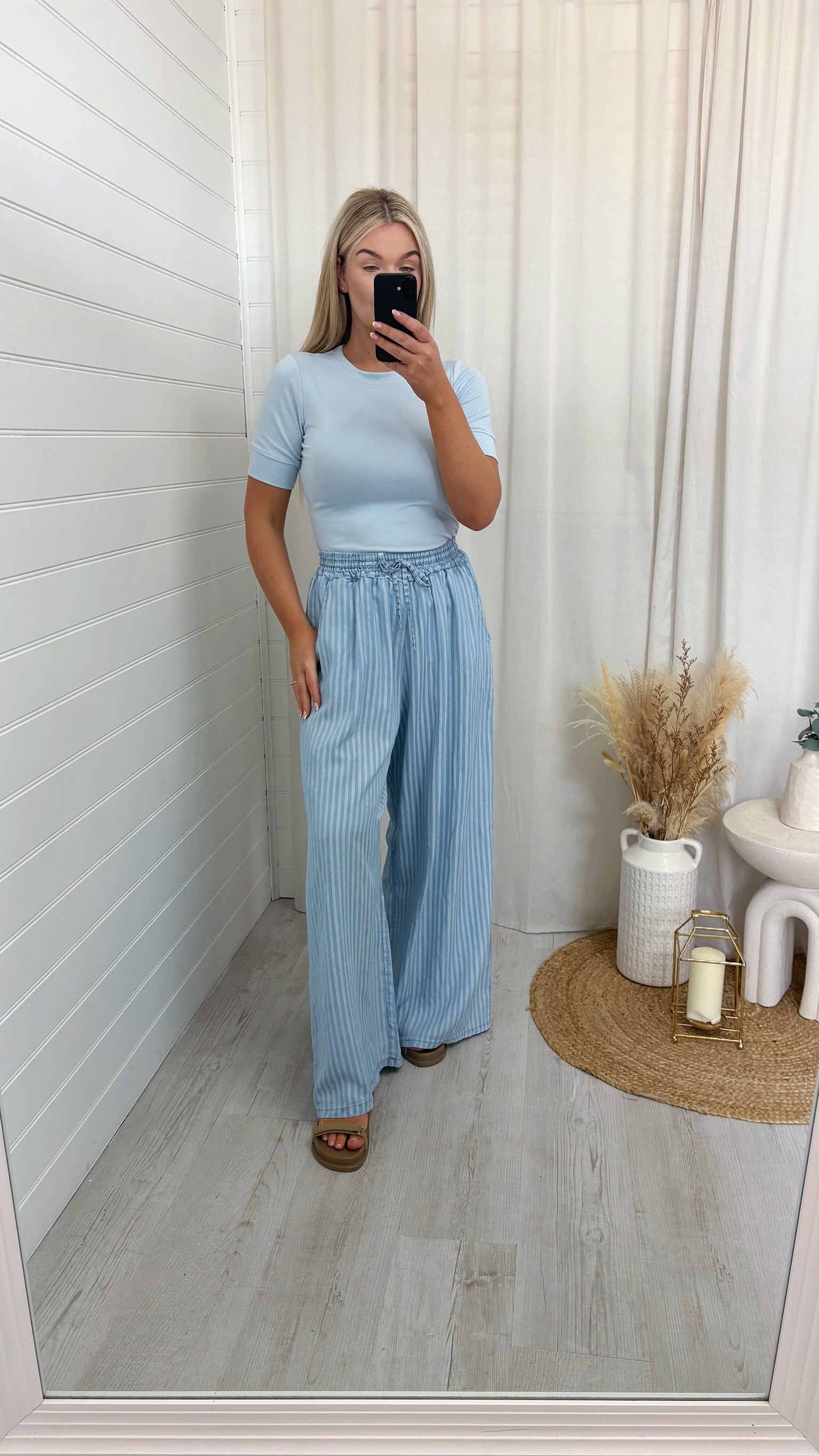 Pinstripe Wide Leg Trousers - LIGHT DENIM