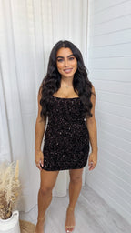 Lace Back Velvet Sequin Square Neck Dress - BROWN