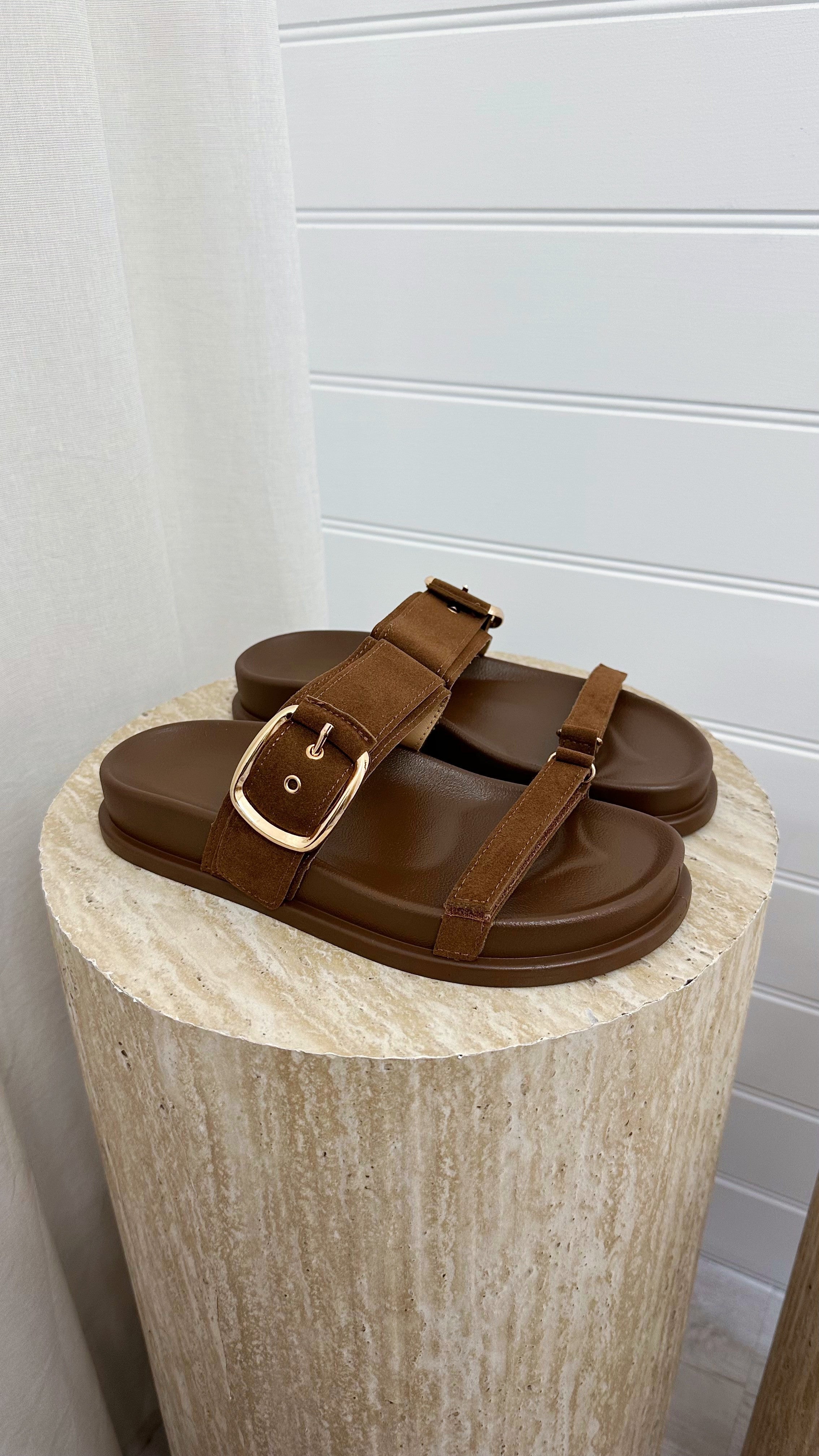 Buckle Strap Suede Sliders - BROWN