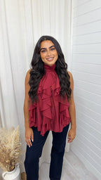 Halter Neck Chiffon Ruffle Front Top - WINE