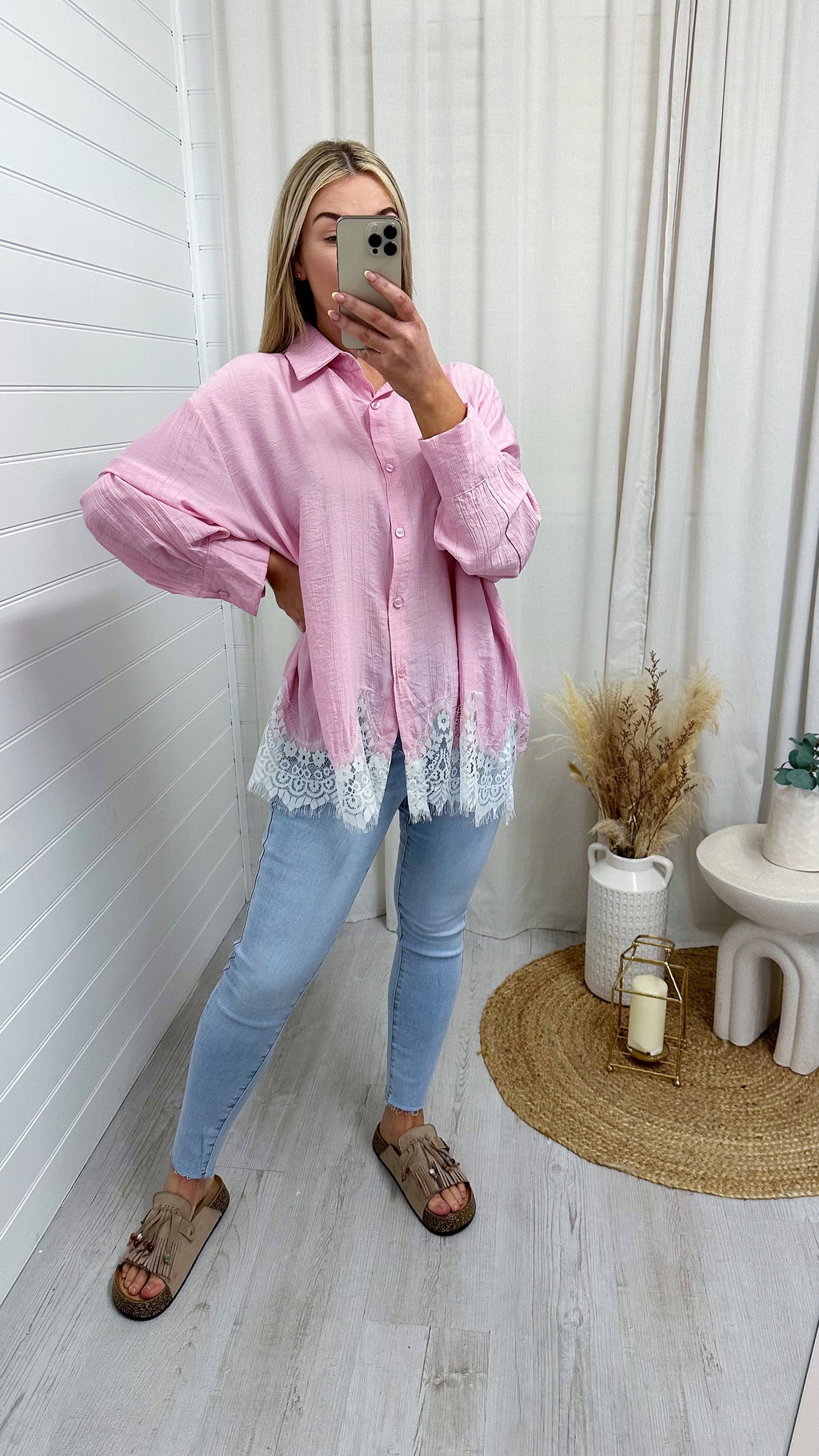 Lace Hem Crinke Shirt - PINK