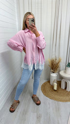 Lace Hem Crinke Shirt - PINK