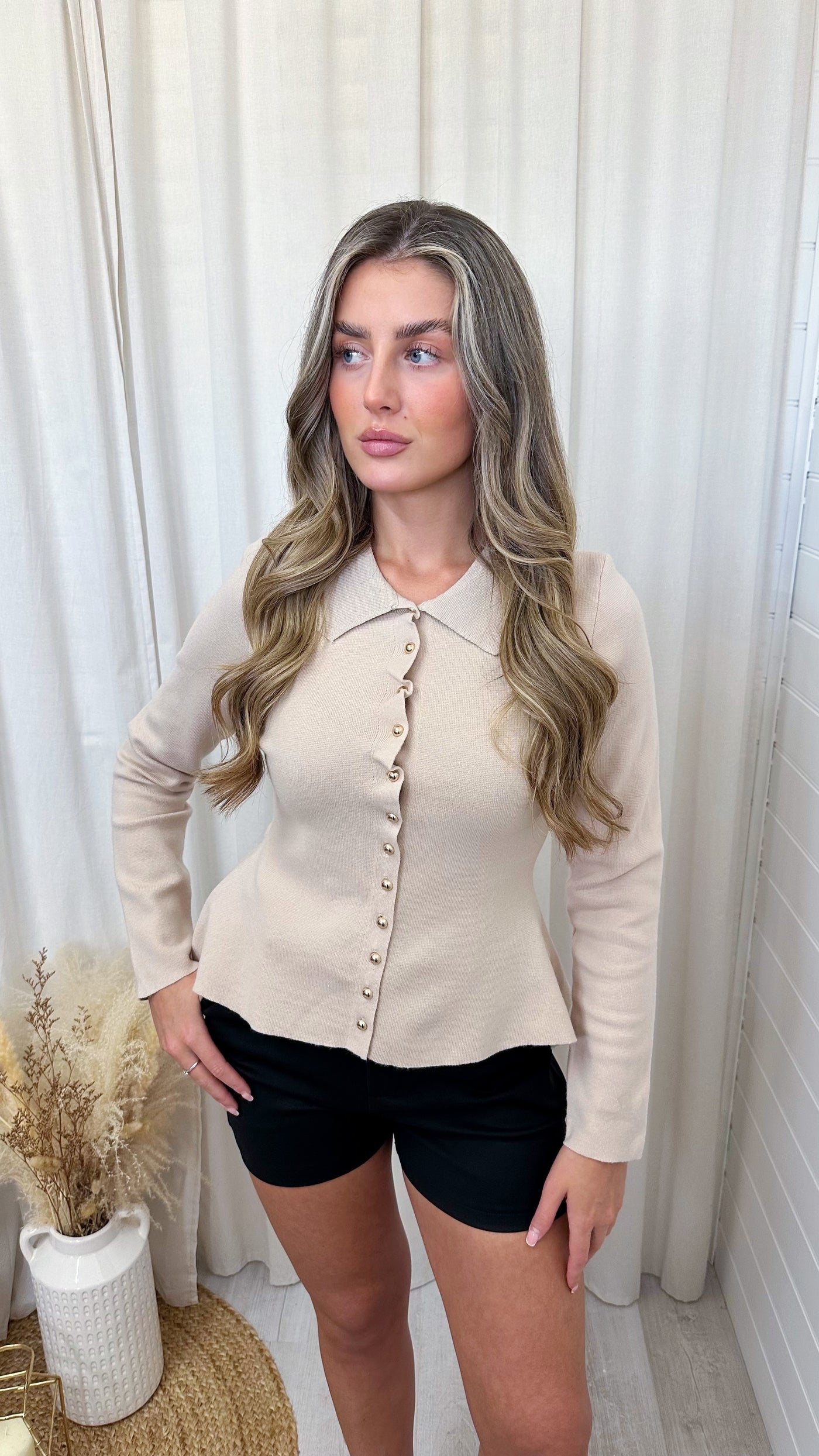 Peplum Gold Button Knitted Cardigan - BEIGE