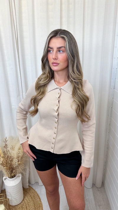 Peplum Gold Button Knitted Cardigan - BEIGE