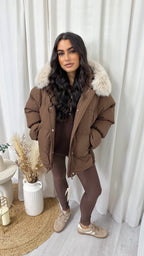 Faux Fur Hooded Puffer Coat - BROWN