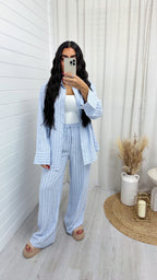 Striped Textured Shirt And Trouser Co-Ord - BABY BLUE