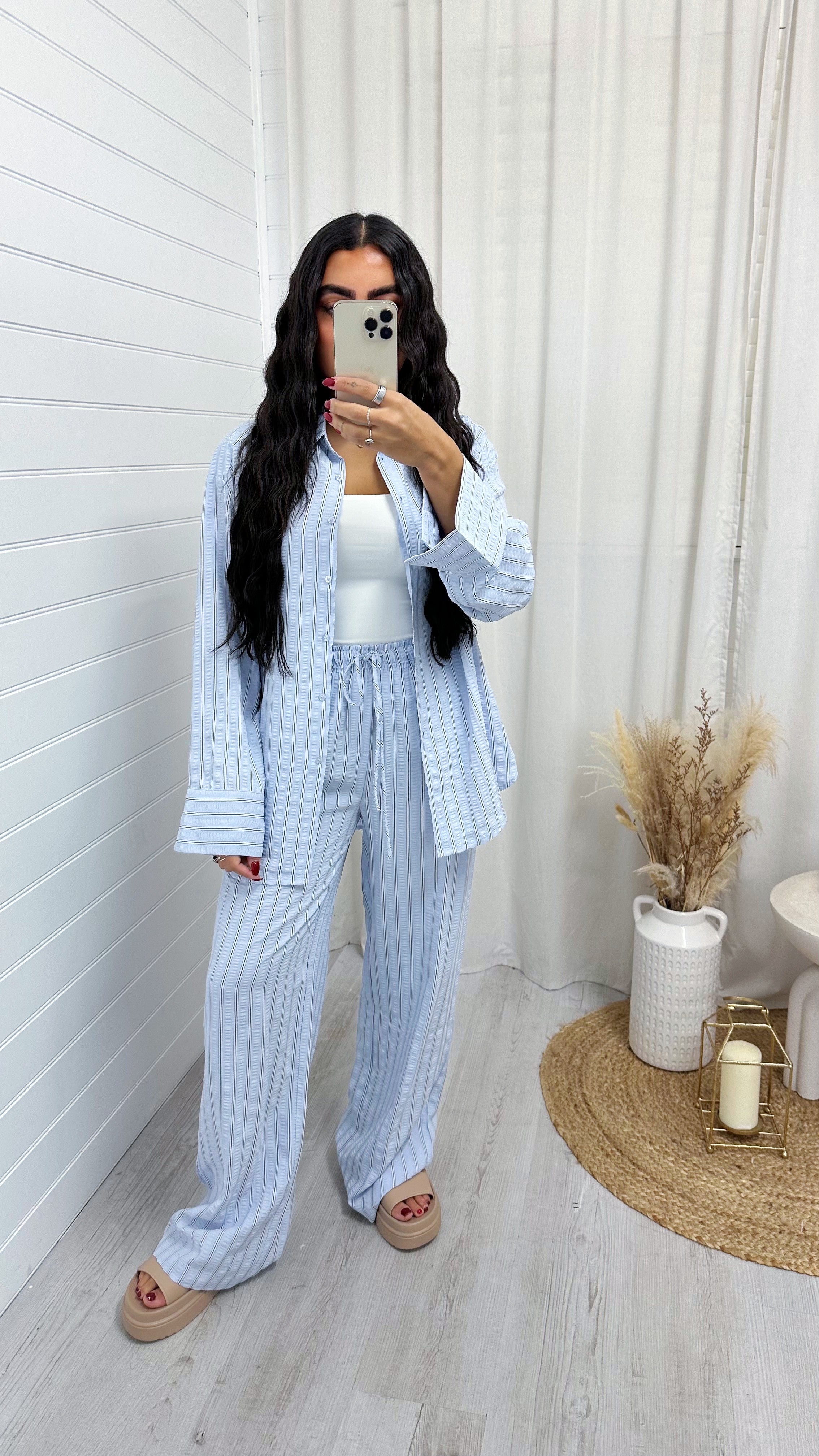 Striped Textured Shirt And Trouser Co-Ord - BABY BLUE