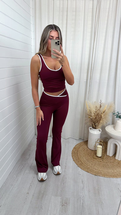 Wrap Over Flares and Padded Tank Top Co-Ord - WINE