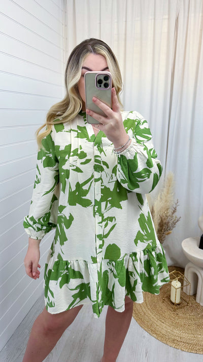 Leaf Print Frill Hem Dress - GREEN