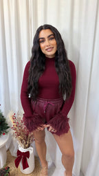 Lace Trim PU Shorts - WINE