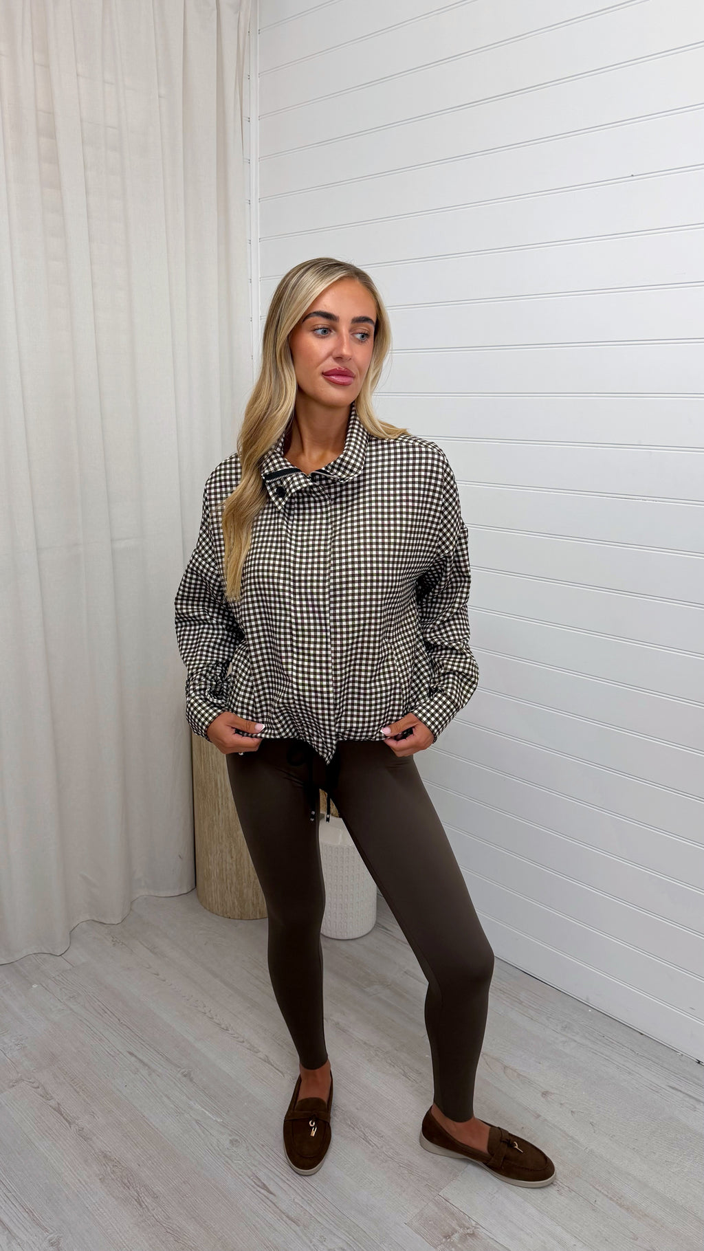 Gingham Toggle Bottom Bomber Jacket - BROWN