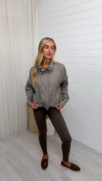 Gingham Toggle Bottom Bomber Jacket - BROWN
