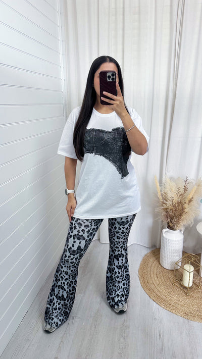 Oversized Printed Denim Bralette T-Shirt - WHITE/GREY