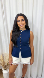 Gold Button Fine Knit Waistcoat - NAVY