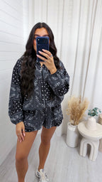 Bandana Print Satin Bomber Jacket and Shorts Co-Ord - BLACK