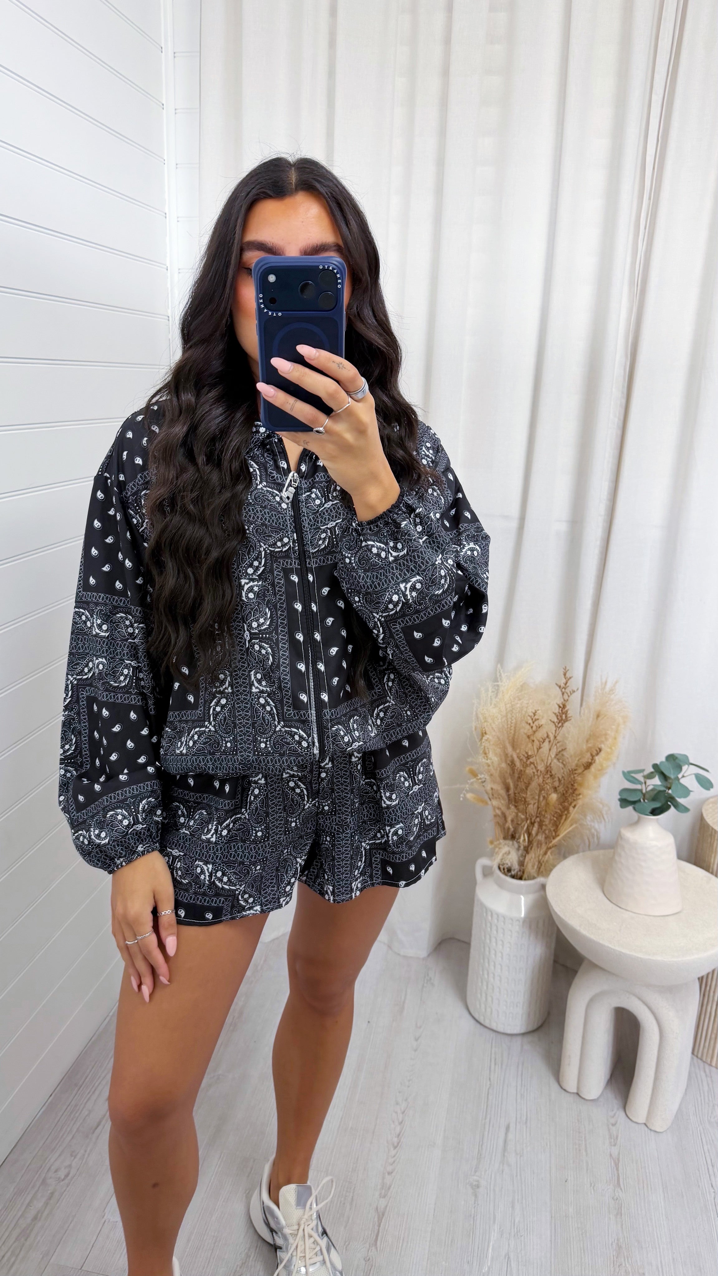 Bandana Print Satin Bomber Jacket and Shorts Co-Ord - BLACK