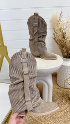 Suede Mesh Calf Length Cowboy Boots - DARK BEIGE