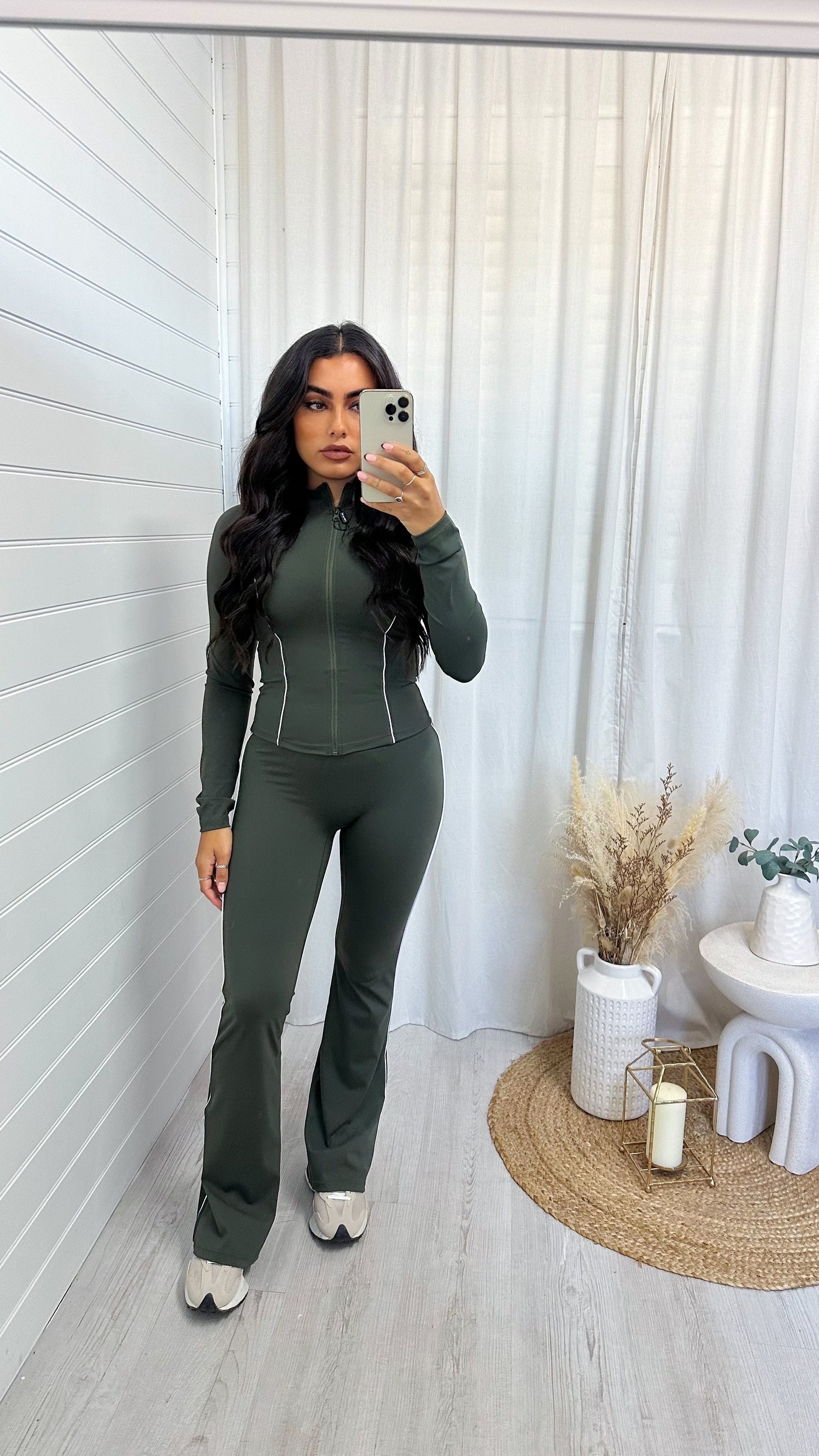 Contrast Seam Body Sculpt Jacket and Flares Co-Ord - KHAKI