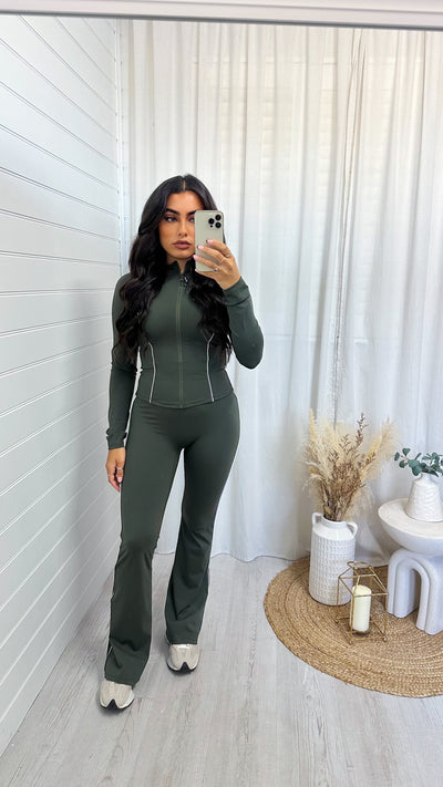 Contrast Seam Body Sculpt Jacket and Flares Co-Ord - KHAKI