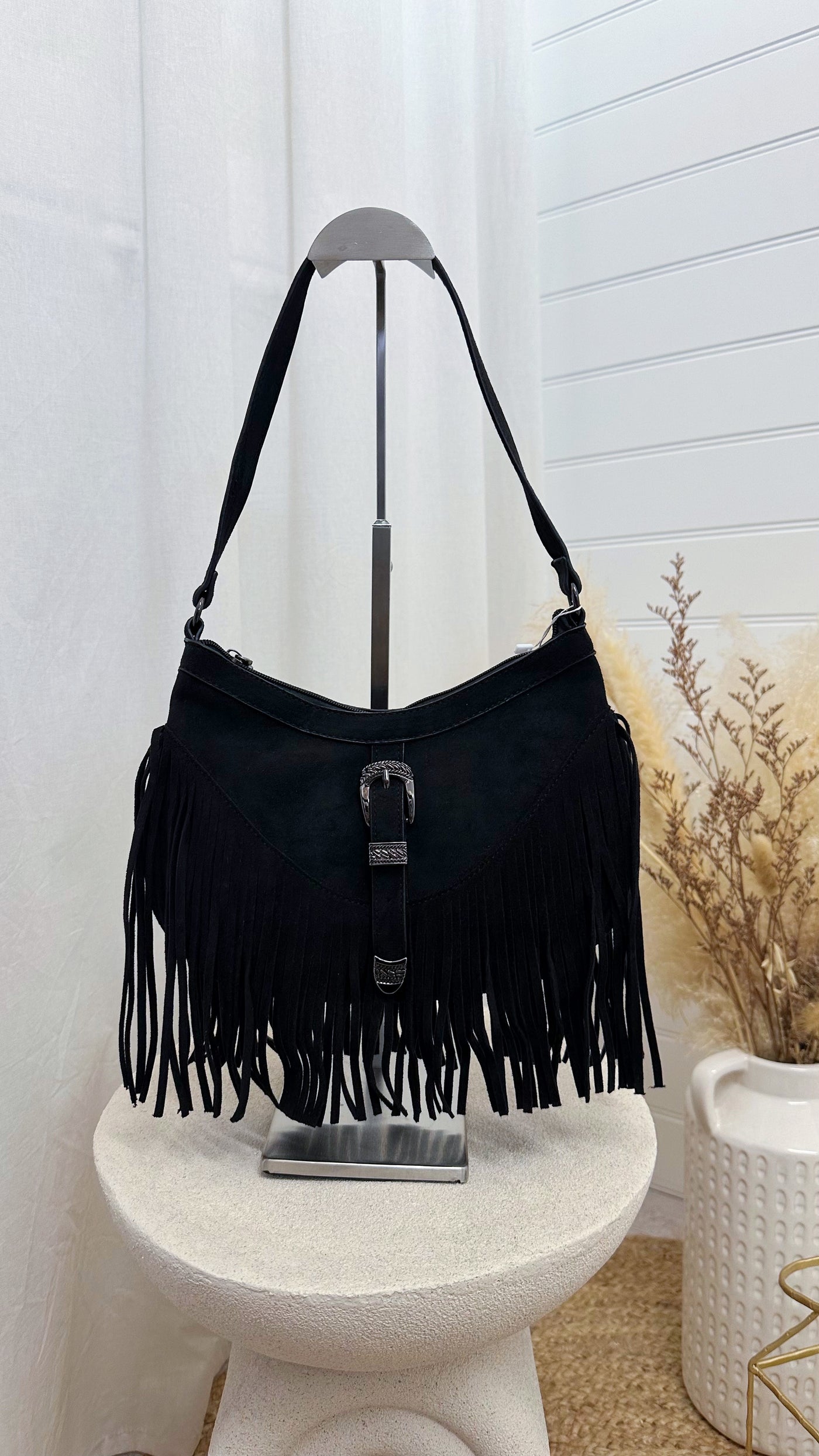 Suede Tassle Shoulder Bag - BLACK