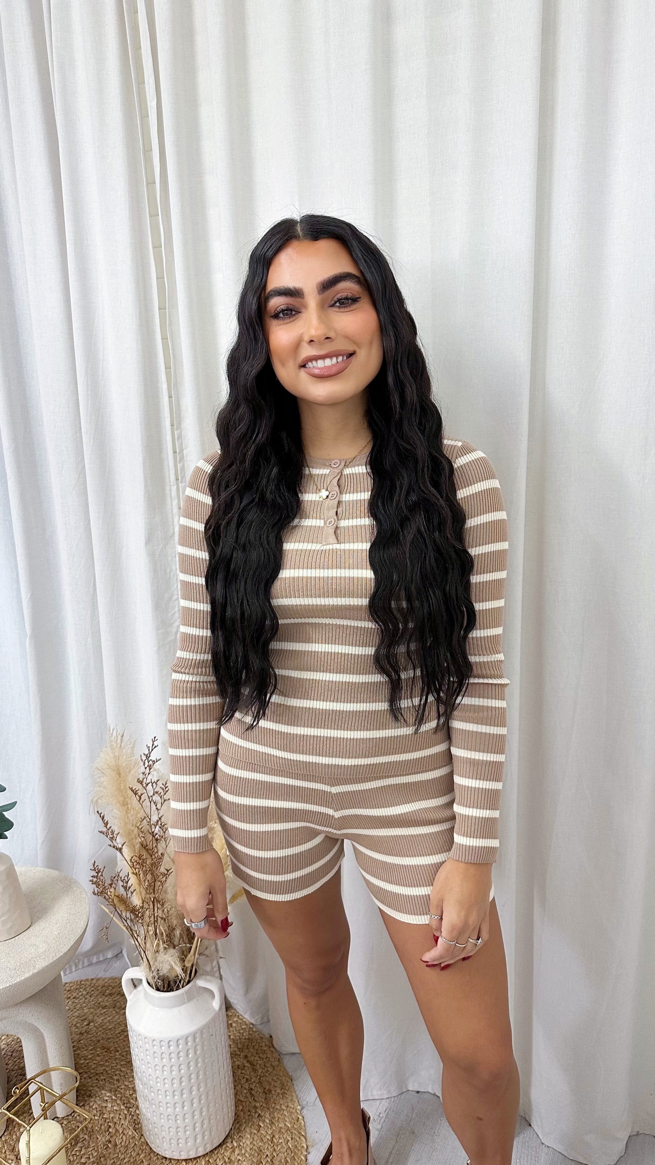 Ribbed Knit Stripey Top and Shorts Co-Ord - BEIGE
