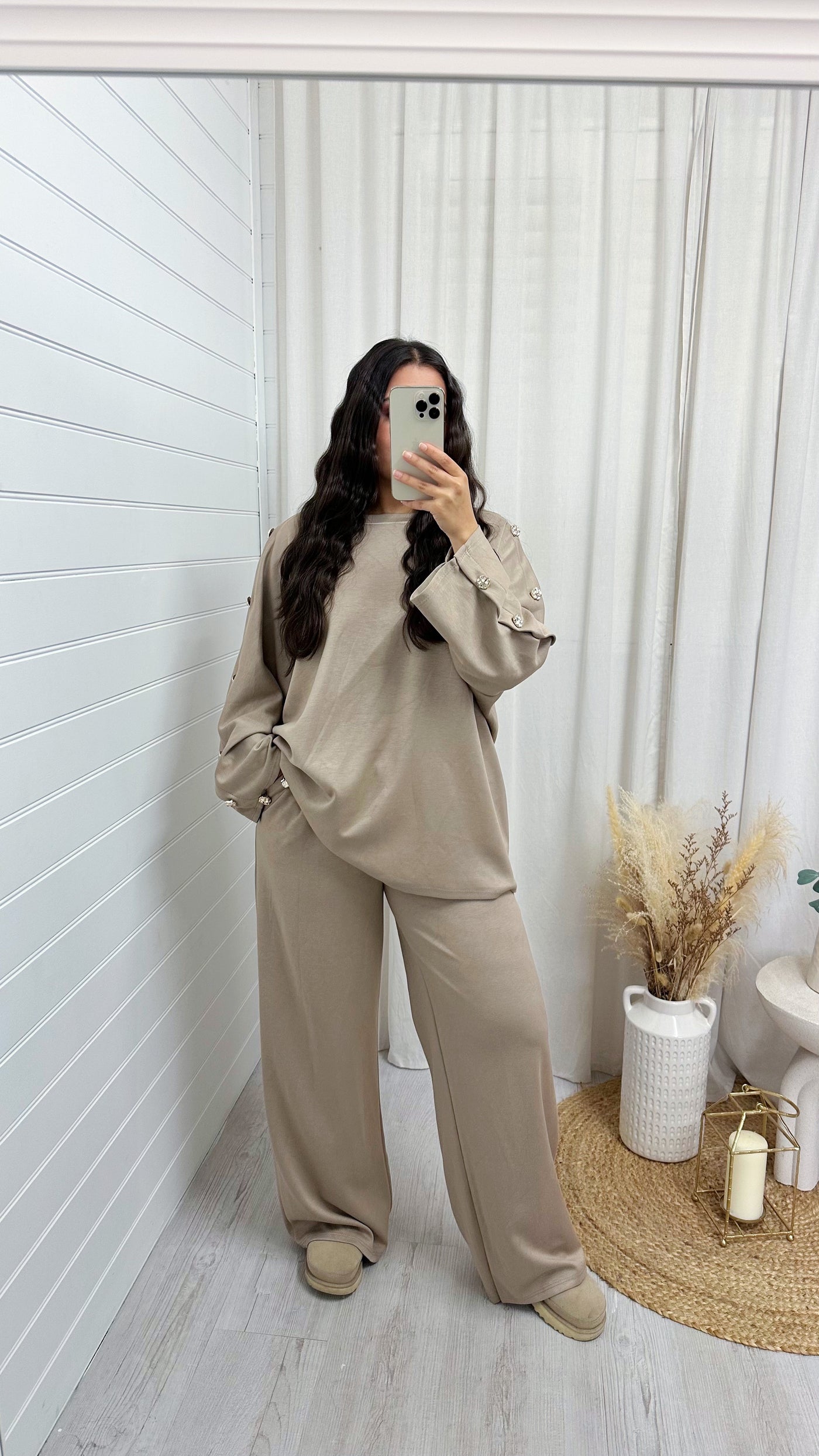 Long Sleeve Gold Button Detail Top and Trousers Co-Ord - MOCHA