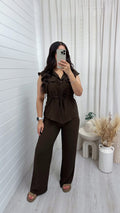 Sleeveless Cinch Shirt and Trousers Co-Ord - BROWN
