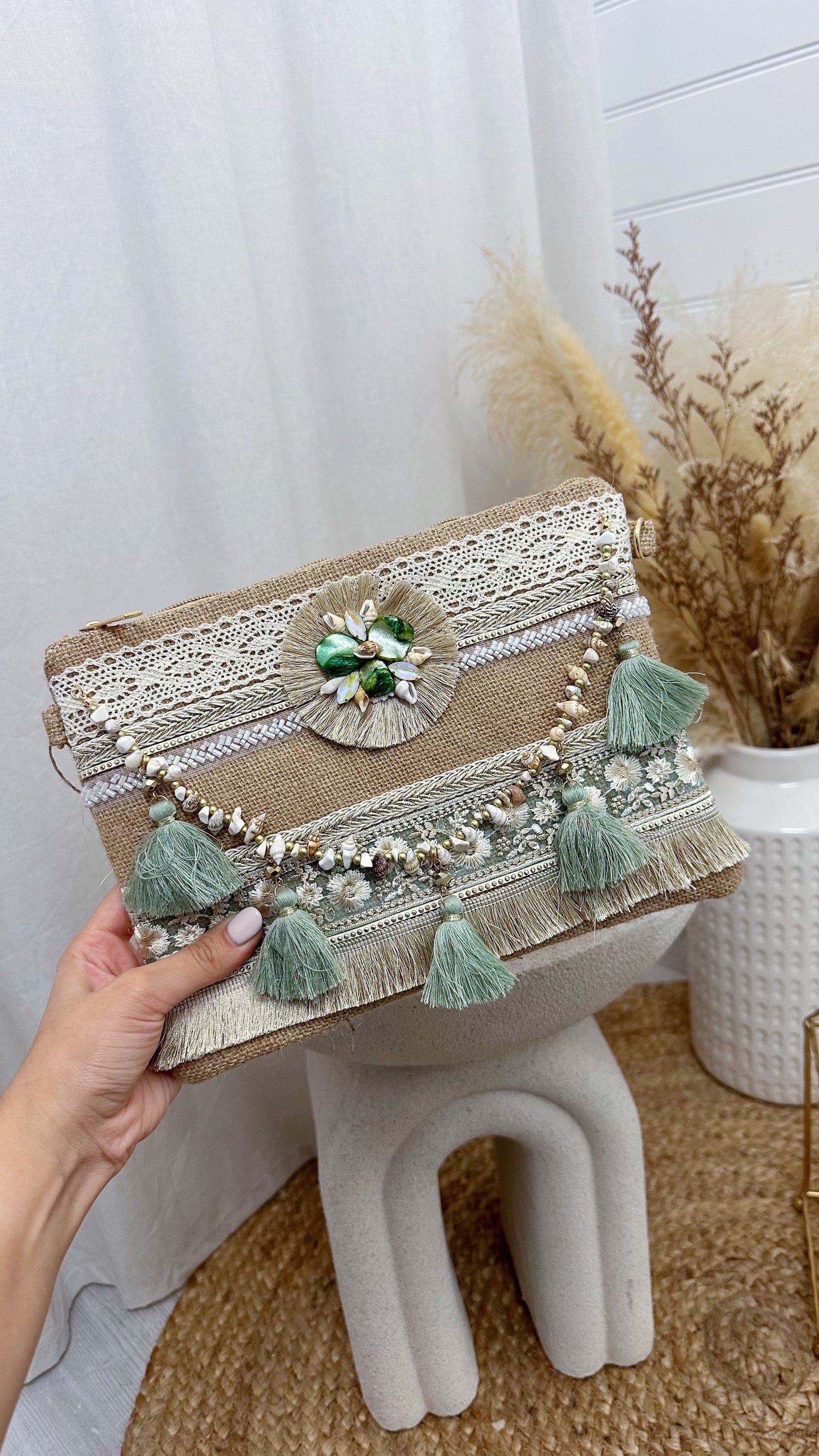 Sage Tassel Boho Clutch Bag