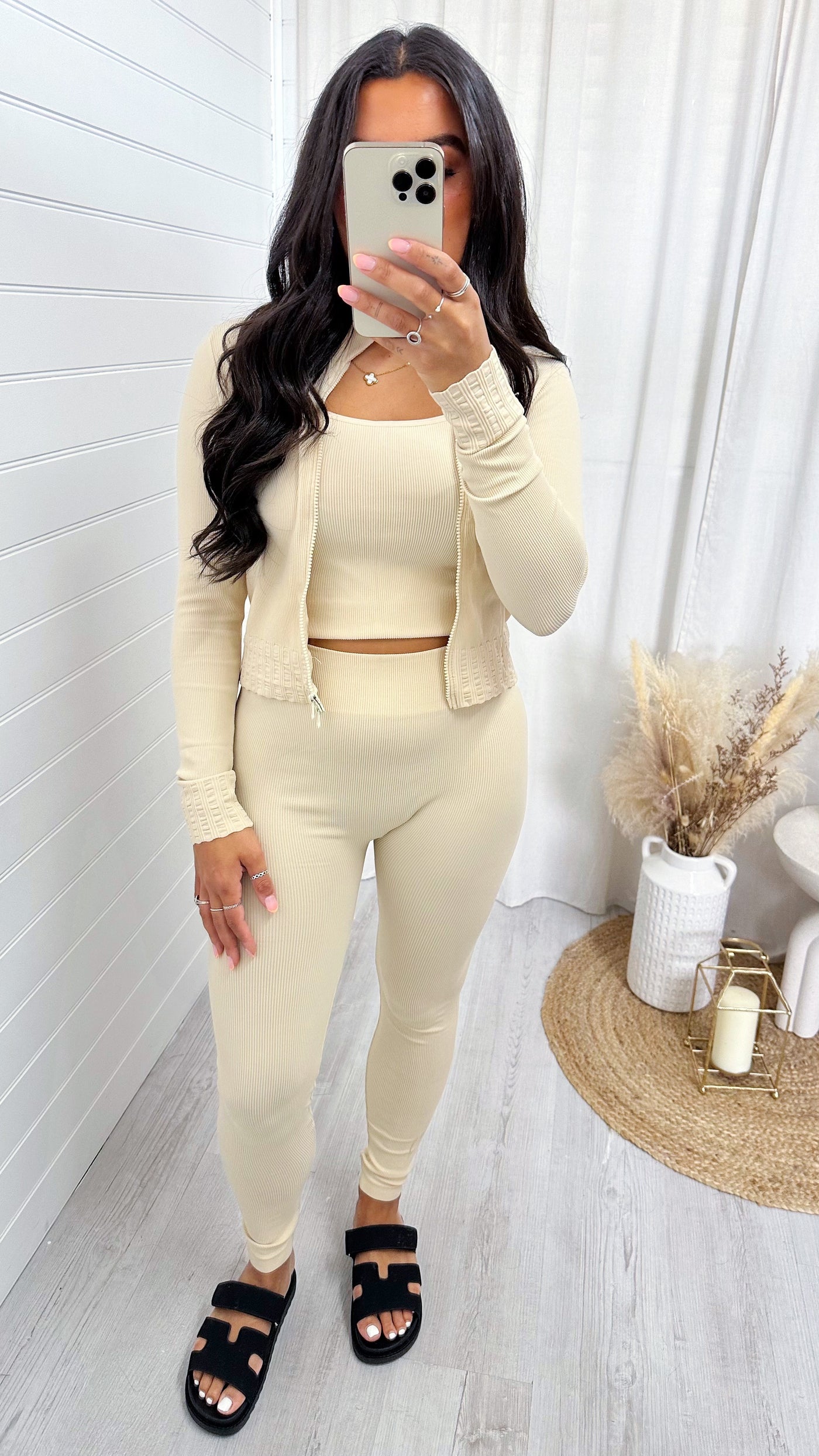 3 Piece Jacket, Crop Top and Leggings Active Set - LIGHT BEIGE