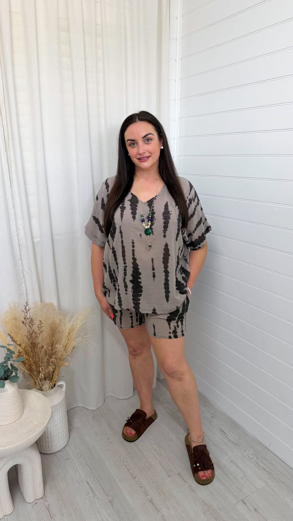 PLUS Tie Dye Cheesecloth Top and Shorts Co-Ord - BROWN
