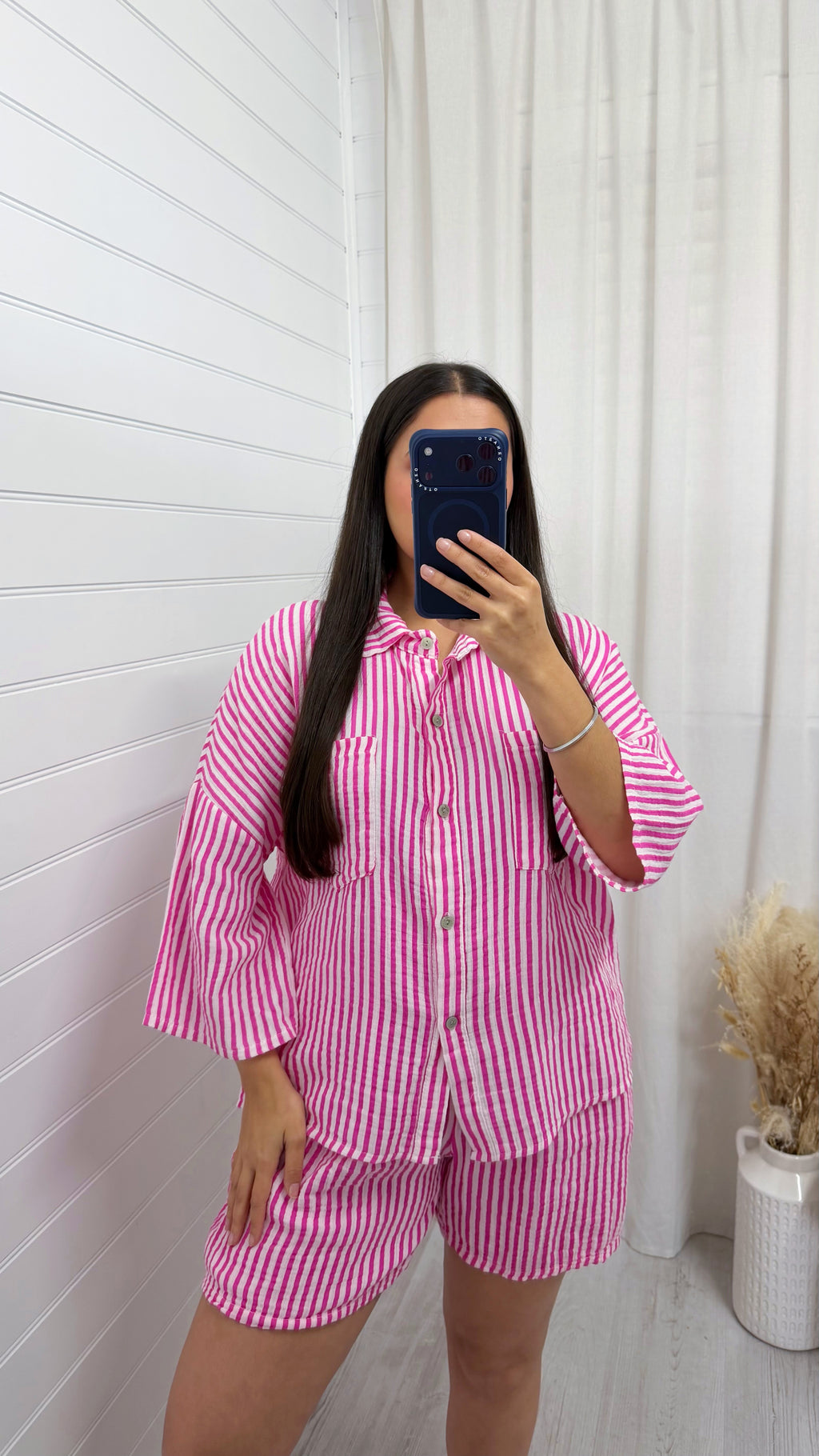 Cheesecloth Pinstripe Shirt and Shorts Co-Ord - PINK