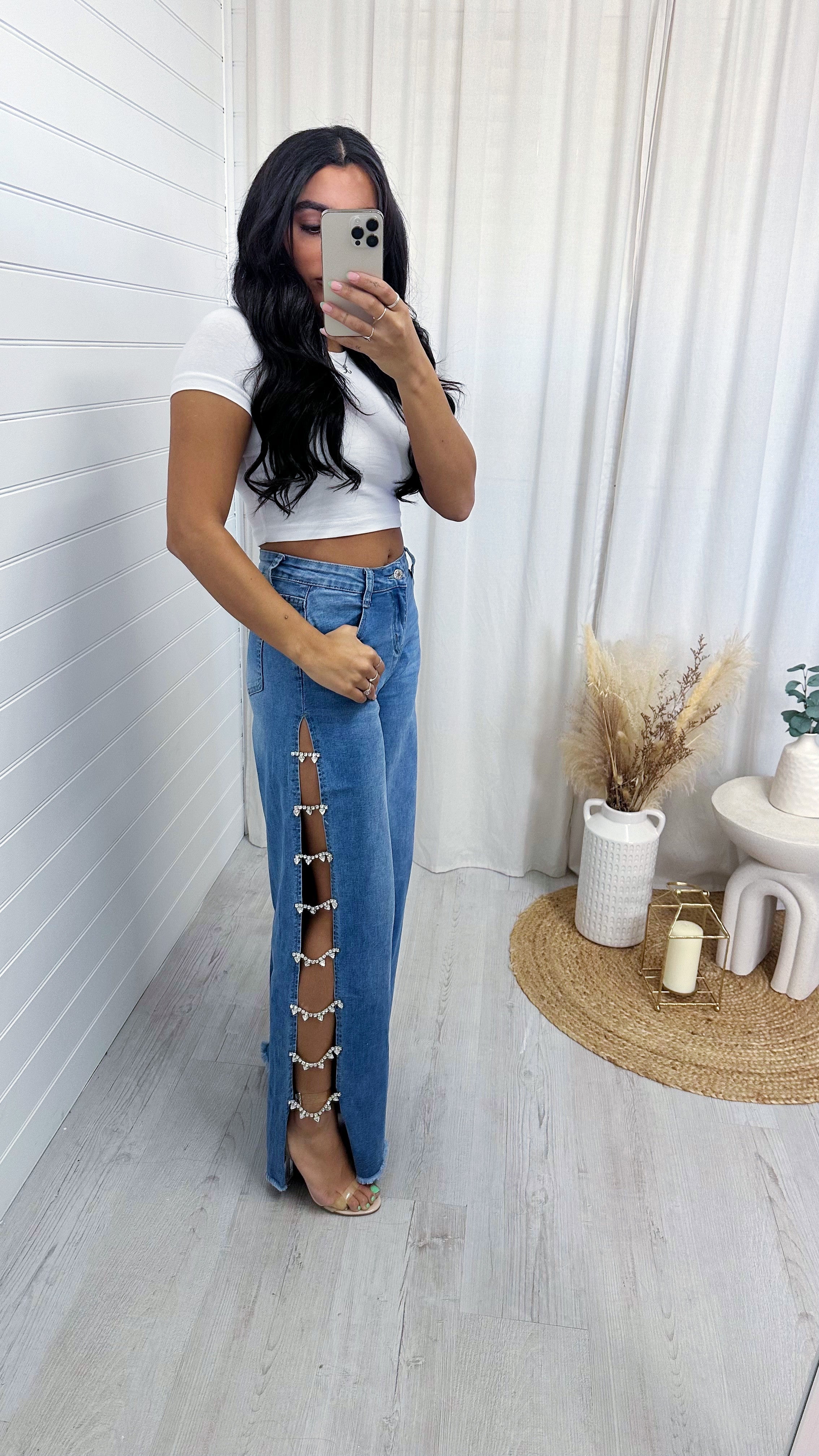 Wide Leg Diamante Droplet Side Split Jean - DARK DENIM