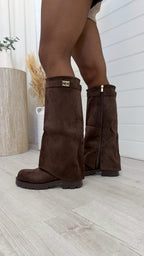 Knee High Gold Buckle Fold Over Boots - BROWN